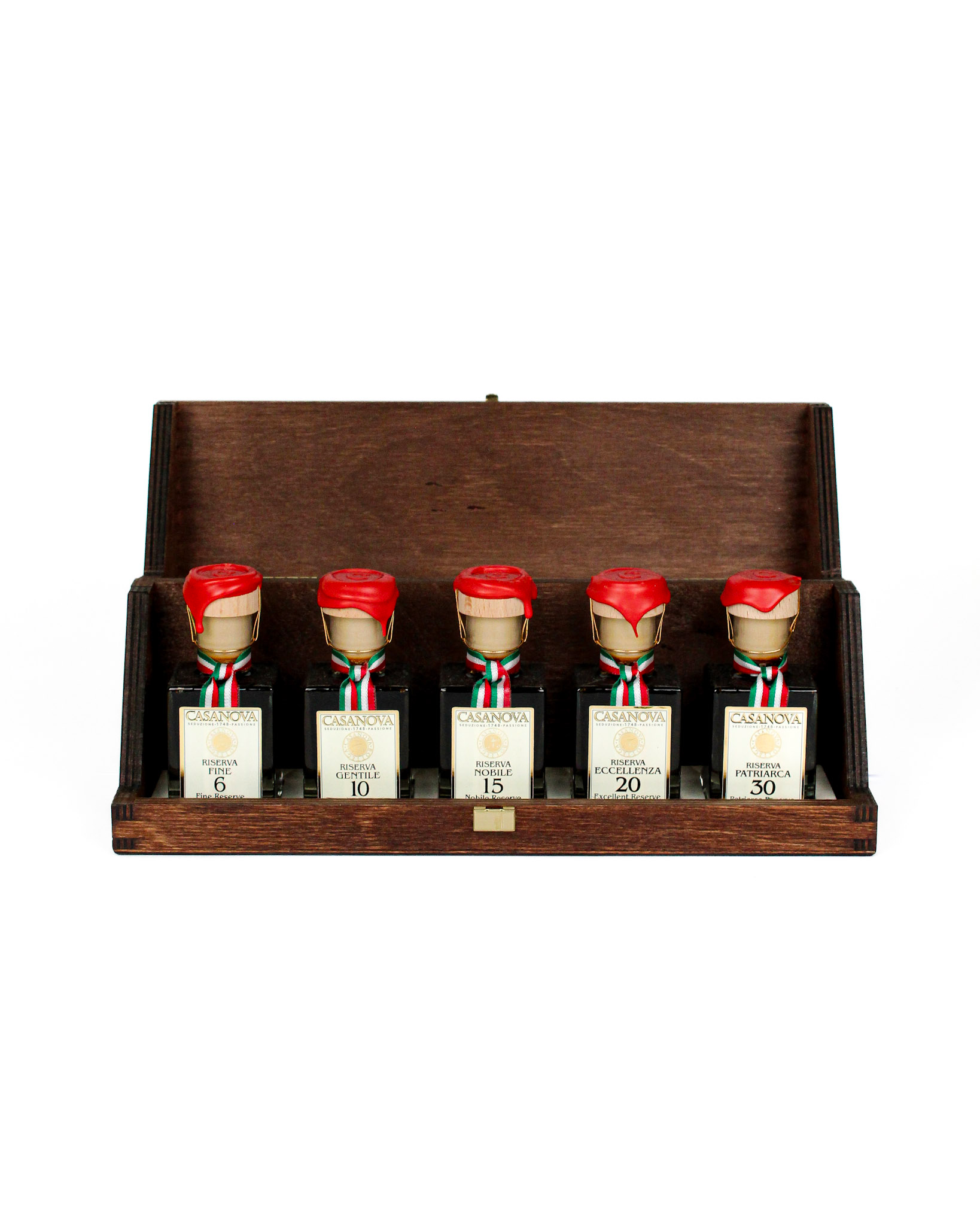 Aceto Balsamico di Modena Cofanetto Collezione Riserva: Riserva Fine 6 - Riserva Gentile 10 - Riserva Nobile 15 - Riserva Eccellenza 20  - Riserva Patriarca 30