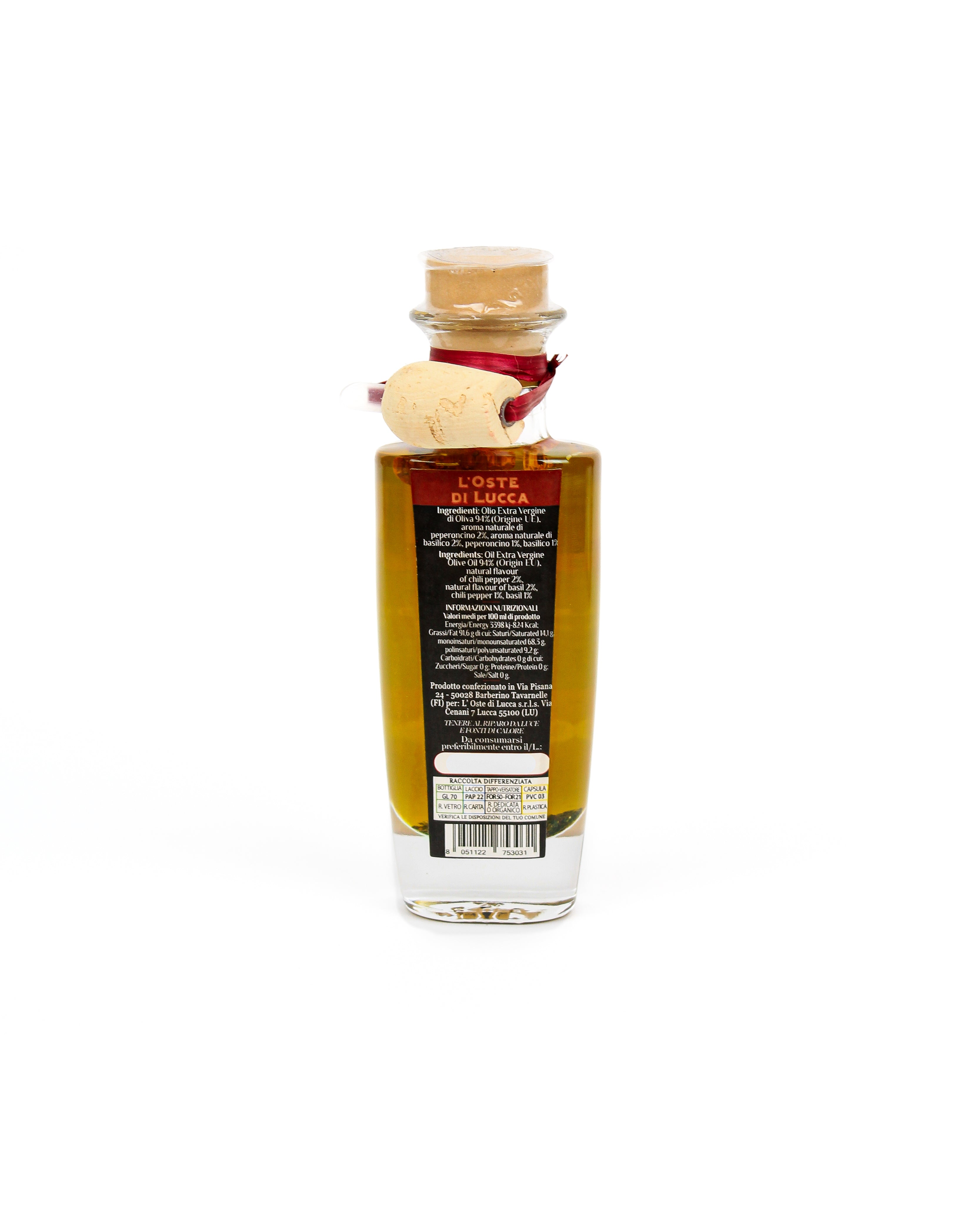 Pizza flavored EVO oil in glass bottle